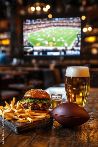 A delicious burger with fries and a cold beer sits on a wooden table. while a football game plays on a large screen in the background. creating a vibrant sports bar atmosphere