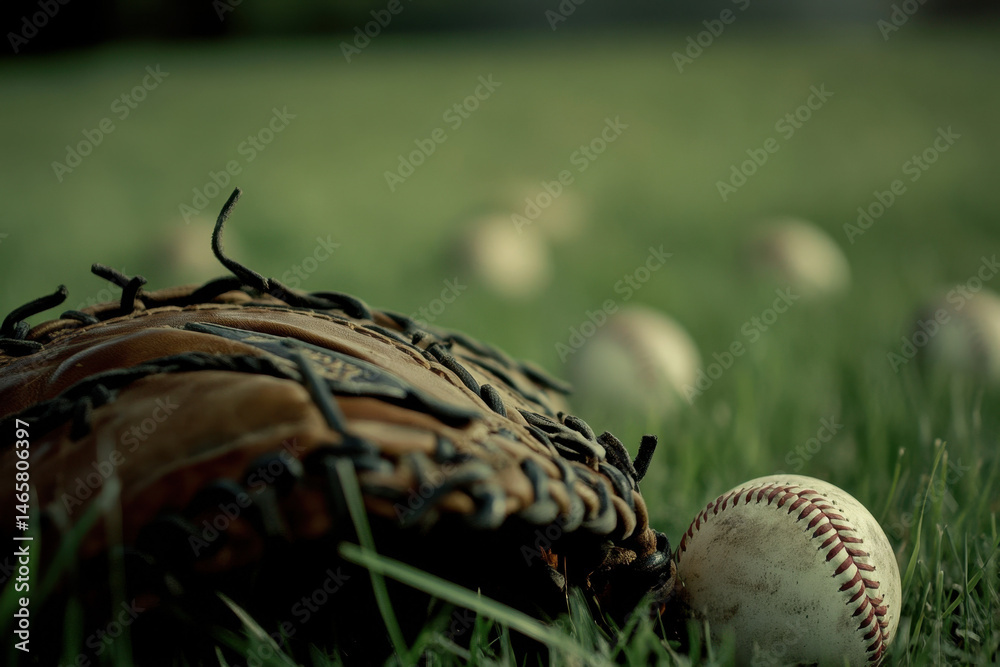 Baseballs and Glove on Green Grass: Close-up of Sport Equipment Baseballs and Glove on Green Grass: Close-up of Sport Equipment