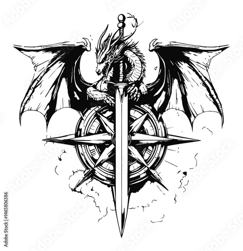 Dragon with Sword and Compass Design in Vintage Black and White Style