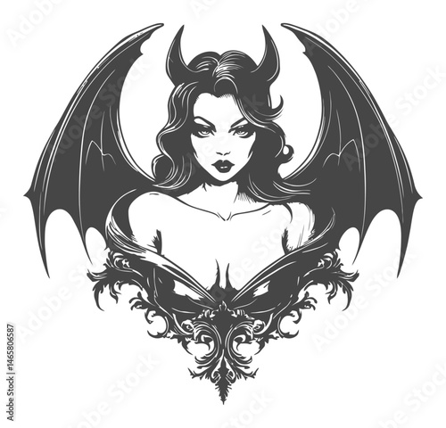 Dark Fantasy Illustration of a Woman with Bat Wings in Vector Art Style