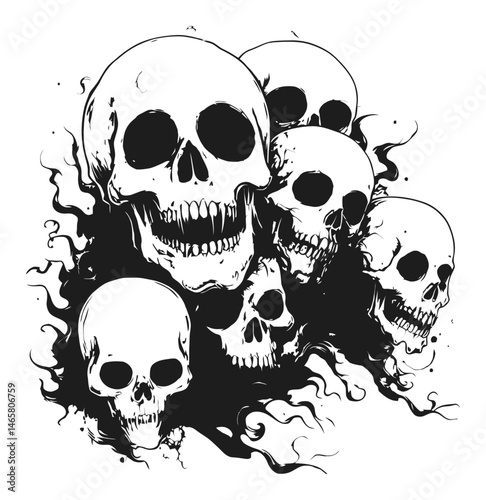 Artistic Illustration of Multiple Skull Heads with Abstract Smoke Design
