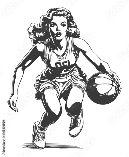 Vintage Female Basketball Player Running with a Ball in Action Pose