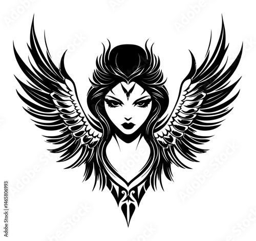 Elegant Black Winged Woman Illustration with Intricate Design Elements