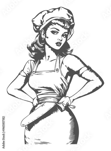 Vintage Style Chef Woman with Rolling Pin in Black and White Vector Art