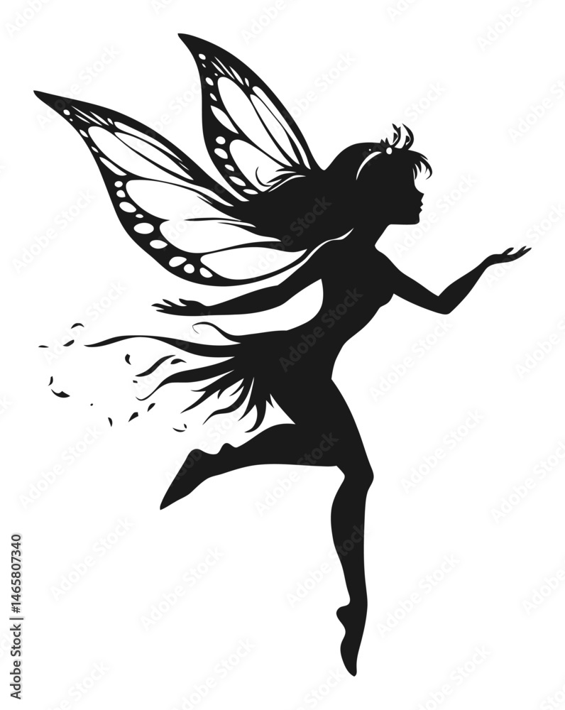 Fototapeta premium Silhouette of a Delicate Fairy with Butterfly Wings in Motion