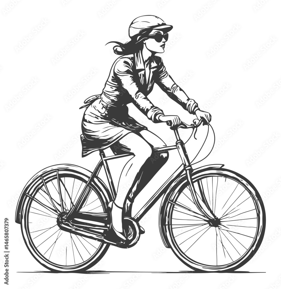 Naklejka premium Elegant Woman Cycling in Vintage Style Outfit Vector Illustration
