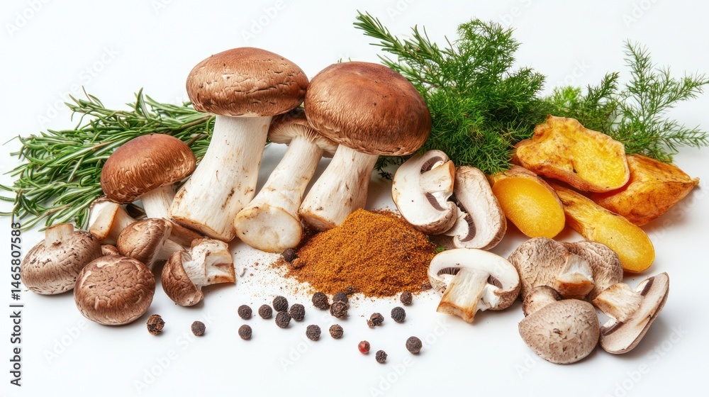 Assortment of Fresh Mushrooms with Aromatic Herbs and Vibrant Spices on White Surface Assortment of Fresh Mushrooms with Aromatic Herbs and Vibrant Spices on White Surface
