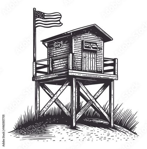 Vintage Lifeguard Stand Illustration with American Flag and Wood Texture