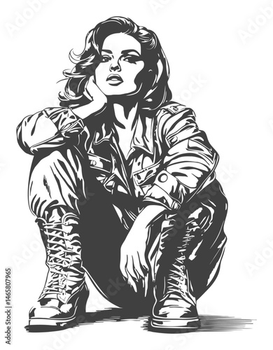 Female Warrior in Iconic Pose with Stylish Combat Boots and Jacket