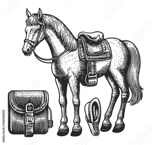 Vintage Horse Illustration with Saddle and Riding Accessories in Vector Style