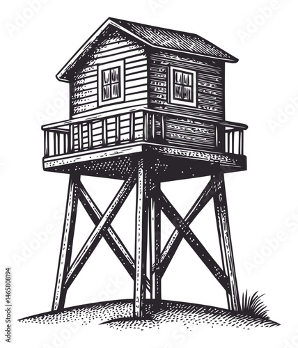 Vintage Wooden House on Stilts in Black and White Vector Illustration