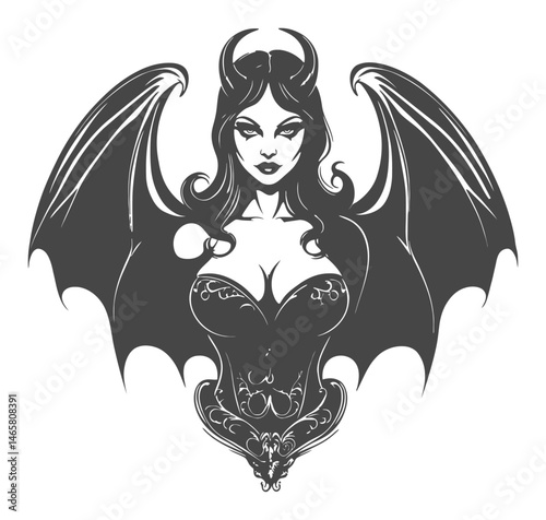 Dark Fantasy Illustration of a Winged Demon Woman in Silhouette Style