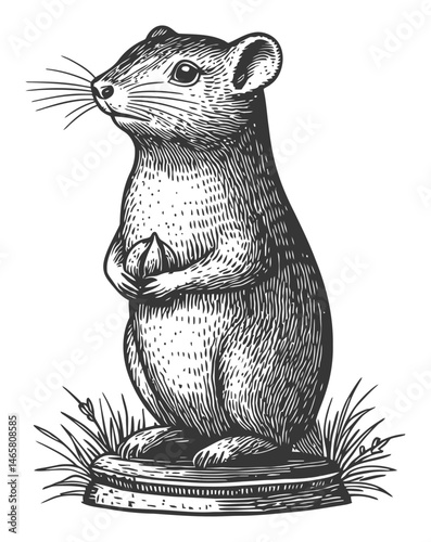 Detailed Vintage Vector Illustration of a Standing Rodent in Grass
