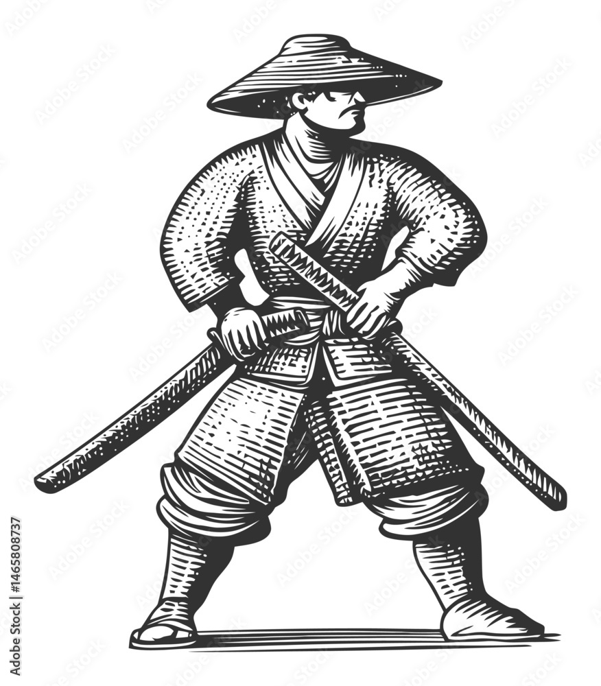 Fototapeta premium Traditional Samurai Warrior With Dual Swords Ready for Battle