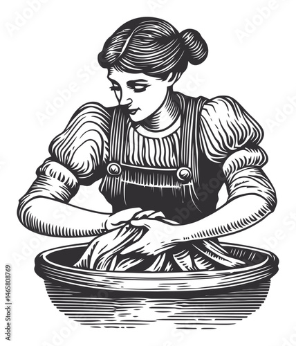 Vintage Woman Washing Clothes in a Bowl with Handcrafted Techniques