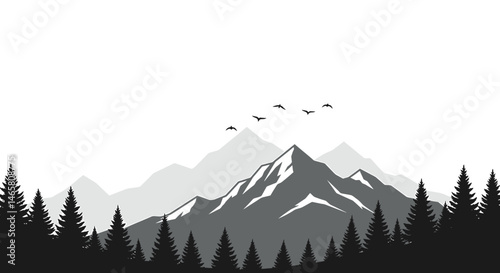 Minimalist black vector silhouette of a scenic mountain range with pine trees and birds in flight, perfect for outdoor, nature, and landscape-themed creative projects