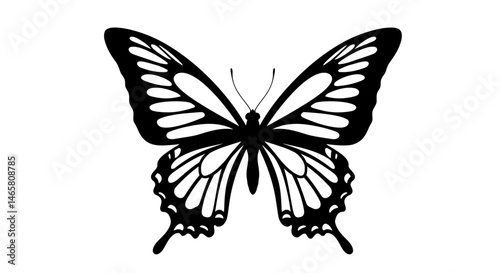 Highly detailed vector silhouette of a butterfly with wide open wings, symmetrical and elegant design on a white background, ideal for nature, beauty, and decorative art projects