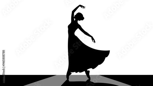 Elegant vector silhouette of a graceful dancing woman with flowing dress, isolated on white background for dance, fashion, or artistic design themes