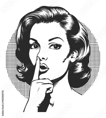 Vintage Woman Silhouette with Hair in Retro Style Making Hush Gesture