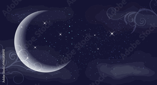 Dreamy vector silhouette of a crescent moon surrounded by twinkling stars, designed for night sky backgrounds, sleep themes, and mystical or celestial-inspired visuals