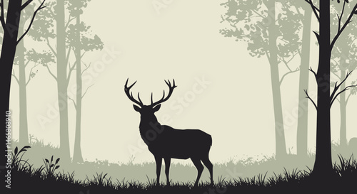 Majestic vector silhouette of a deer with antlers standing tall in a forest clearing, ideal for wildlife, nature, and outdoor adventure-themed creative projects