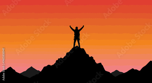 Vector silhouette of a victorious mountain climber standing on summit with arms raised, representing success, adventure, and personal achievement in outdoor-themed designs
