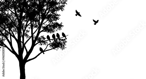 Vector silhouette of a tree with birds perched peacefully on branches, elegant composition for background elements, seasonal, nature, and outdoor creative design projects