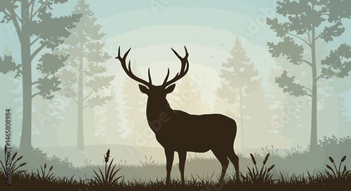 Majestic vector silhouette of a deer with antlers standing tall in a forest clearing, ideal for wildlife, nature, and outdoor adventure-themed creative projects