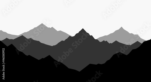 Majestic vector silhouette of layered mountains with a foggy background, symbolizing adventure, mystery, and natural beauty, ideal for travel, exploration, and outdoor themes
