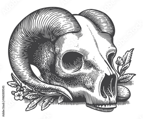 Detailed Vector Illustration of Ram Skull Surrounded by Floral Elements