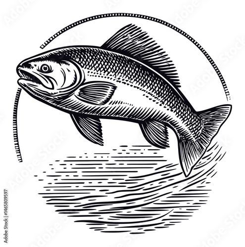 Detailed Vector Illustration of a Fish in Dynamic Motion with Waves