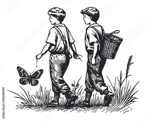 Two Boys Walking in Nature with Butterfly Illustrating Childhood Joy