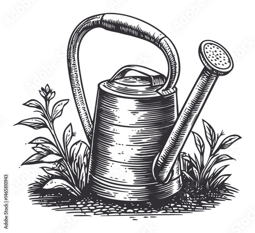 Vintage Engraved Watering Can Surrounded by Green Plants and Soil
