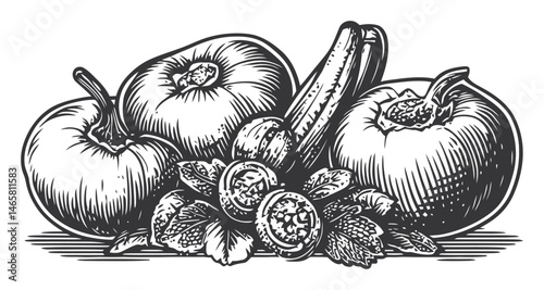 Hand-Drawn Illustration of Assorted Fresh Vegetables in Black and White