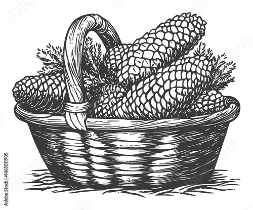 Vintage Basket with Pine Cones and Greenery in Black and White Style