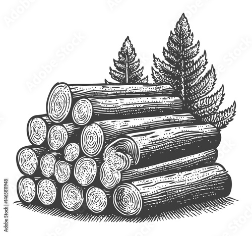 Hand-Drawn Vector Illustration of Piled Logs with Pine Trees