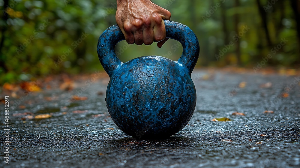 Fototapeta premium Rainy day workout; person lifts kettlebell