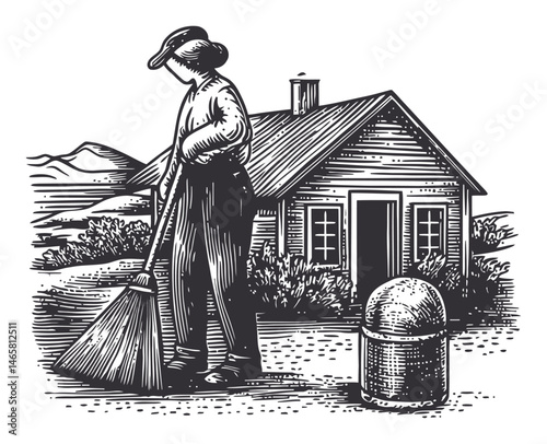 Detailed Vintage Illustration of a Worker Sweeping Near a House