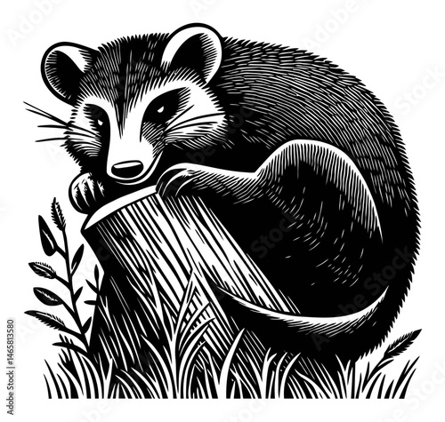 Detailed Vector Illustration of a Raccoon Sitting on a Tree Stump