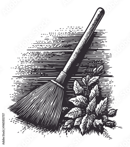 Vintage Style Broom and Leaves Illustration in Hand Drawn Vector Format