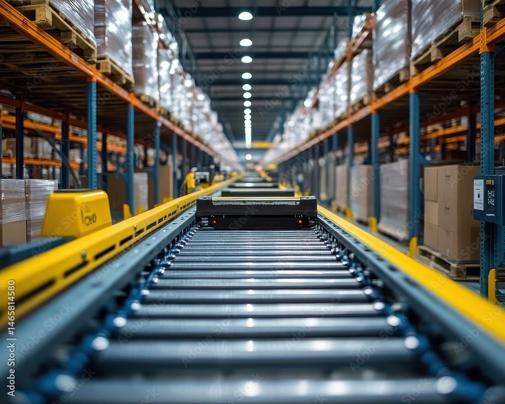 A wideangle view of a logistics center with AGVs and conveyor systems, Warehouse, Organized and advanced