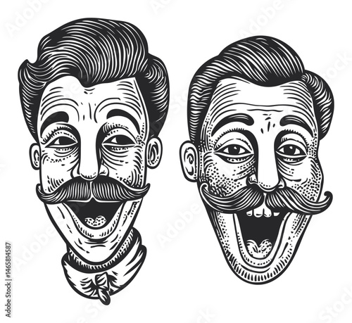 Vintage Style Illustration of Two Happy Characters with Mustaches