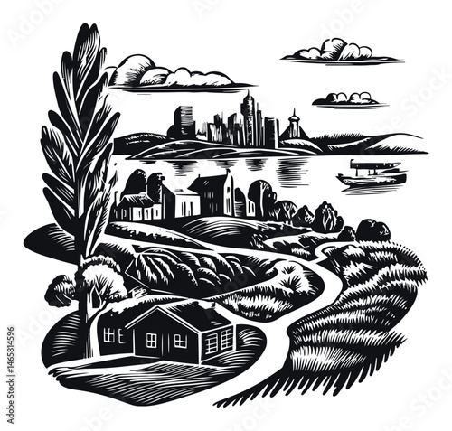 Serene Landscape with House, Trees, River, and City Skyline in View