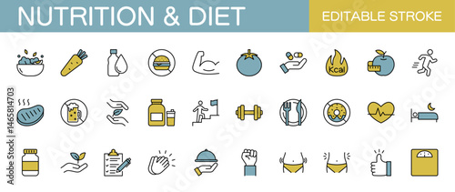 Colored nutrition and diet icon set. Healthy food, health, exercise, strength training . Editable stroke. Vector illustration