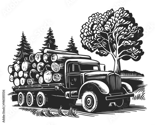 Vintage Truck Transporting Logs in a Rustic Forest Landscape