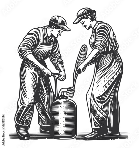 Vintage Style Illustration of Two Workers at a Workshop Scene