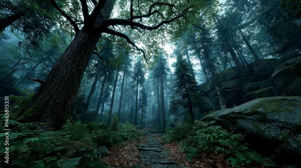 Obraz premium Enchanting Forest Pathway with Lush Greenery and Misty Atmosphere Ideal for Nature Adventure