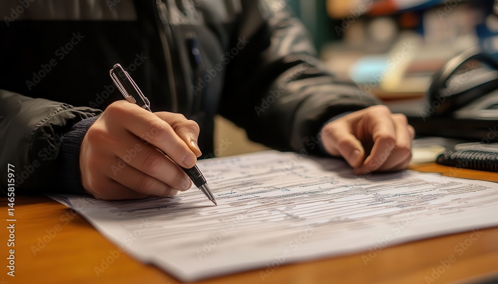 A worker filling out return documentation at a desk, Documentation, Detailed and systematic