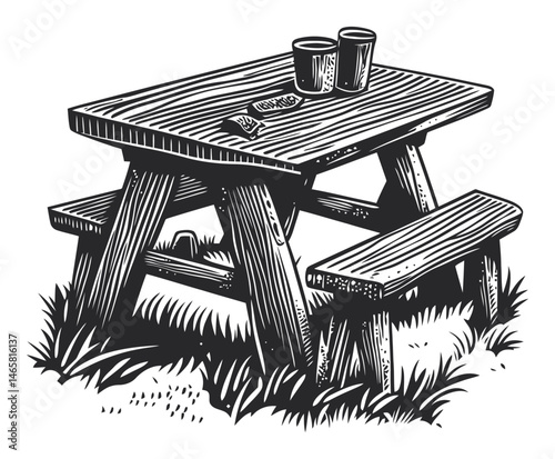 Rustic Wooden Picnic Table with Drinks in a Natural Outdoor Setting