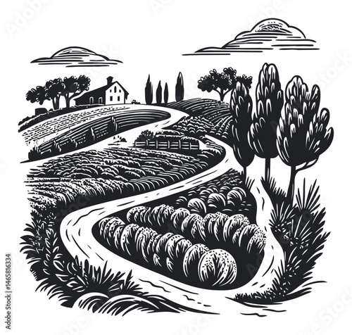Scenic Vector Illustration of a Serene Countryside Landscape Design